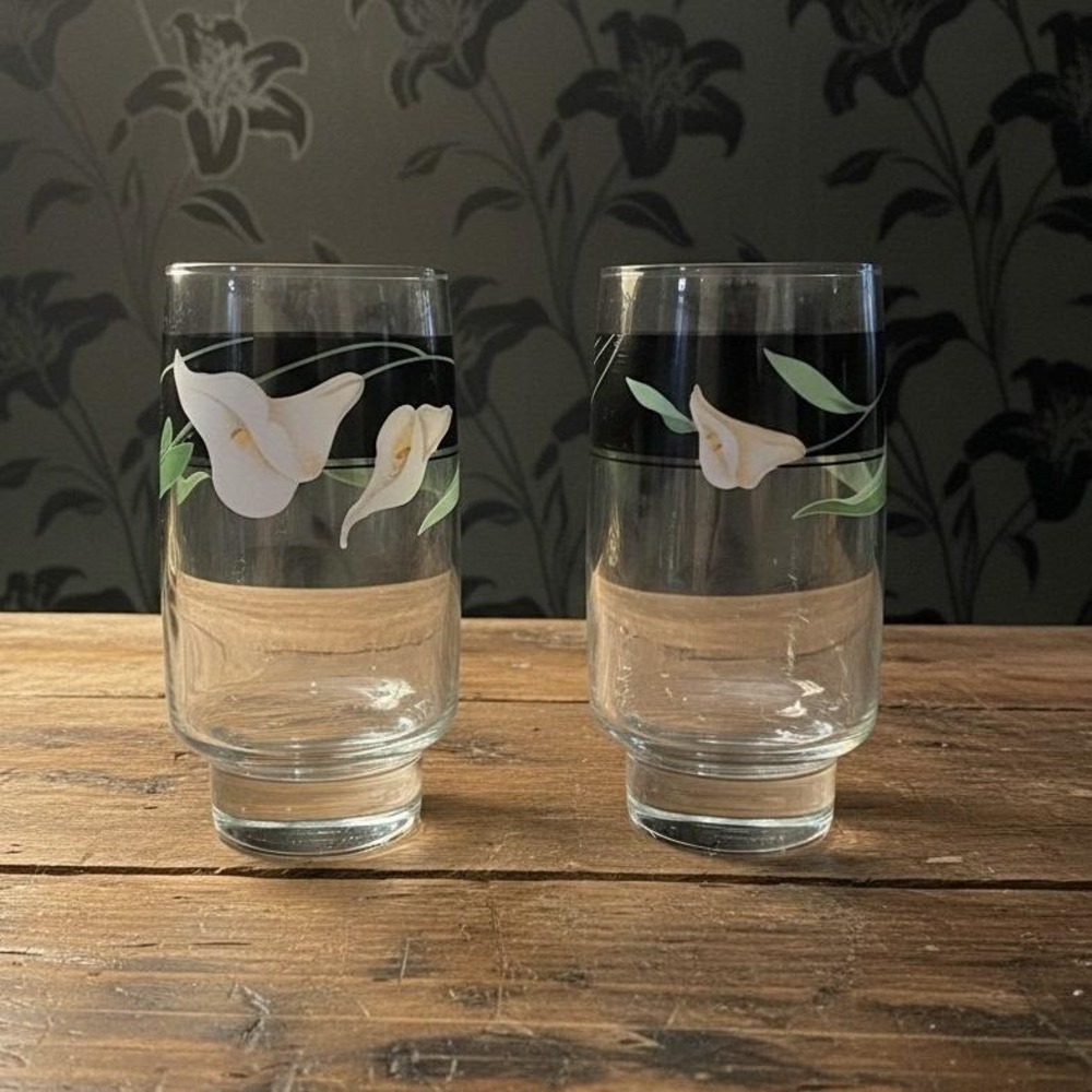 Sango Black Lillies Quadrille Tumblers, Set Of 2, Vintage Clear Floral Glasses